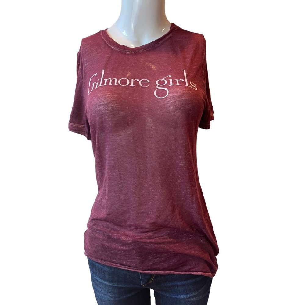 Gilmore Girls Womens Sheer Burnout Hi-Low Hem Graphic T-Shirt Maroon Size Small